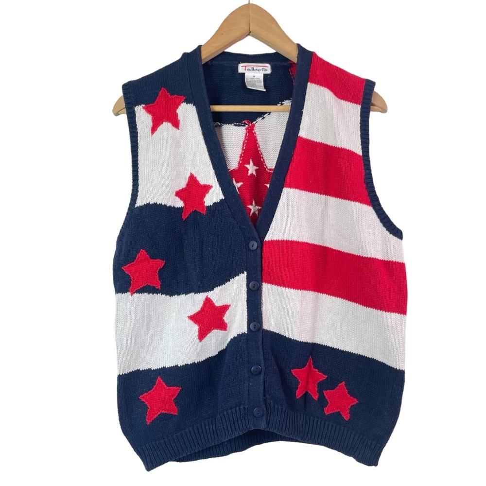 Talbots Vntg Knit 4th of July Sweater Vest Patriotic American Flag Stars Stripes